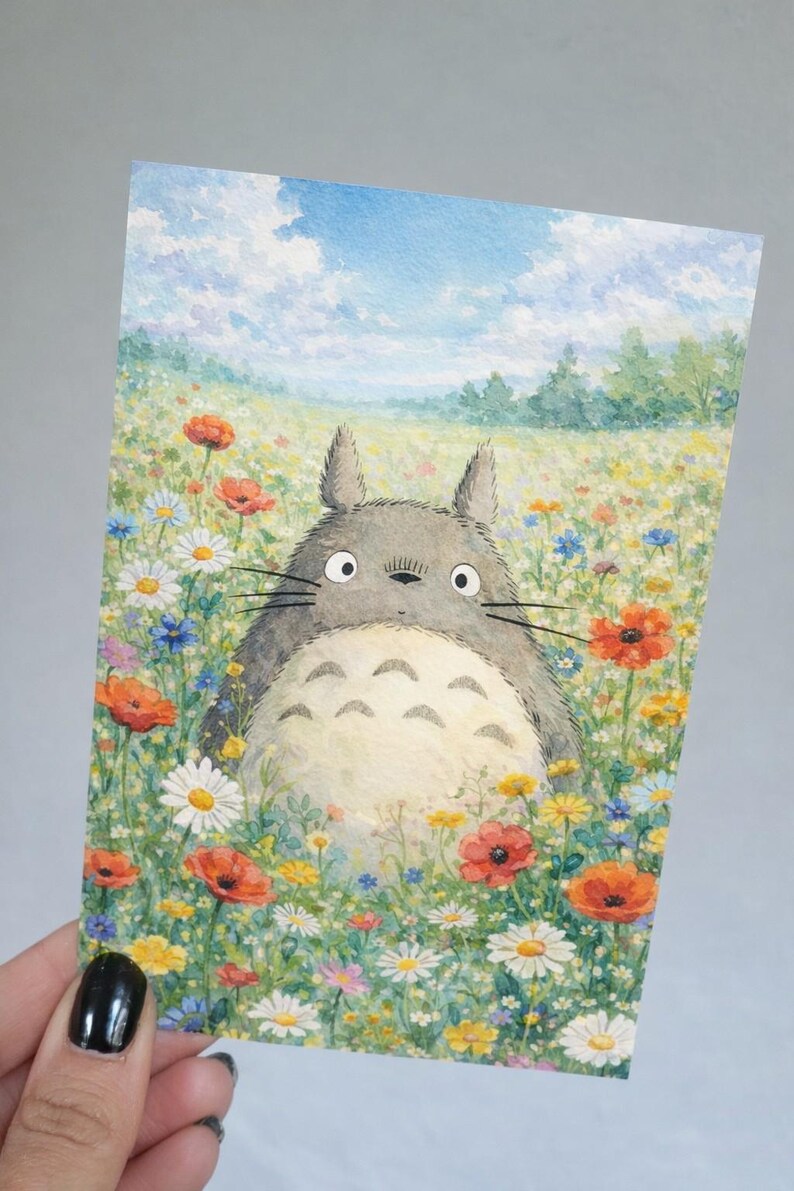 May include: Watercolor illustration of a Totoro character in a field of colorful wildflowers. The artwork features a blue sky with clouds and a variety of flowers, including red poppies and white daisies.