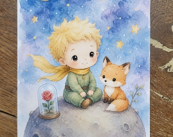 Postcard inspired by The Little Prince – dreamy watercolor art – stars, moon, fox – cozy kawaii wall decor – gift for children • gift card