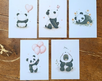 Panda Postcard Set • Kawaii Panda Watercolor • Cute Animal Illustrations • Baby Panda Cards • Cute Wall Decor • Gift Idea • Greeting Card