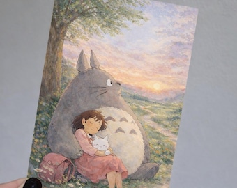 A6-ansichtkaart, geïnspireerd op Totoro, Studio Ghibli, Mijn Buurman Totoro, kawaii aquarelstijl, cadeau-idee, cadeau, cadeaukaart, animefans