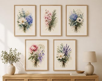 Watercolor Bouquet Poster Set • Botanical Wall Art • Cottagecore Floral Pictures • Floral Art Prints • Country House Decor • Set of 5