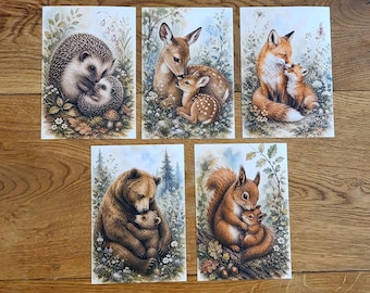 Woodland Animals Family Postcard Set • Watercolor Baby Animals • Fawn, Fox, Hedgehog, Squirrel, Bear • Nature Postcards • Cottagecore Decor • Gift
