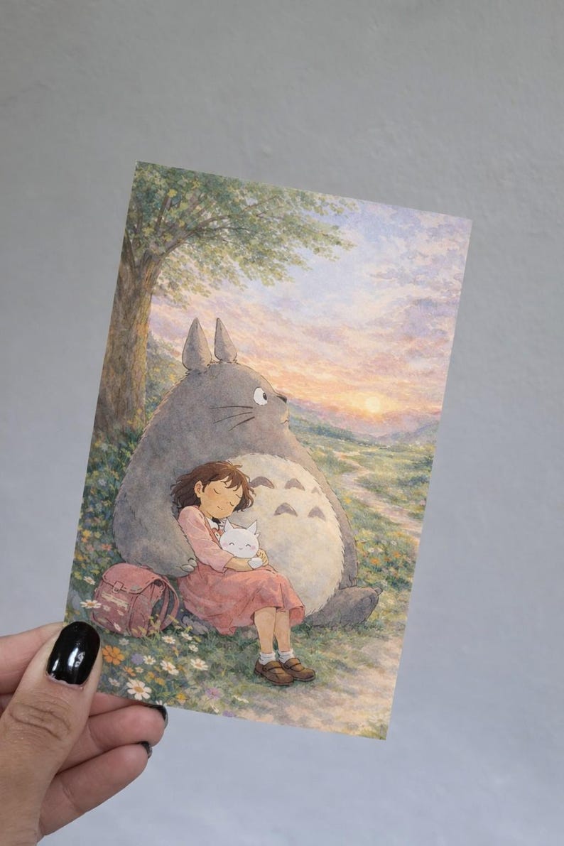 May include: A print featuring a scene from the animated film, My Neighbor Totoro. A young girl in a pink dress sleeps against the large gray Totoro, holding a white cat. A pink backpack rests nearby, with a sunset in the background.