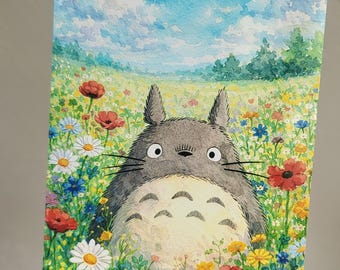 A6 postcard, Totoro inspired, Studio Ghibli, My Neighbor Totoro, kawaii watercolor style, gift idea, gift, gift card, anime fans