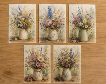 Wildflower Jug Postcard Set A6 • Cottagecore Bouquet Watercolor • Vintage Country House Decor • Farmhouse Style • Flowers in a Jug • Gift