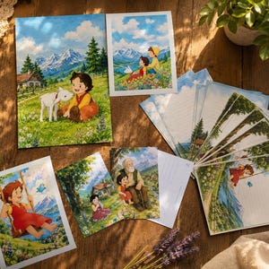 Könnte beinhalten: Eine Sammlung illustrierter Schreibwaren mit Szenen von Kindern in der Natur. Die Kunstwerke zeigen ein Mädchen mit einem Lamm, ein Mädchen auf einer Schaukel und ein Mädchen mit einem älteren Mann. Die Schreibwaren sind auf einer Holzoberfläche angeordnet.