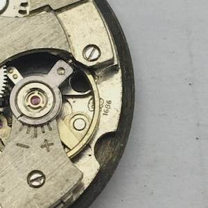 May include: Close-up of a vintage watch movement, showcasing intricate gears, screws, and a balance wheel. The metal components are in shades of silver and gold, with a small ruby jewel visible. The number "1686" is stamped on the metal.