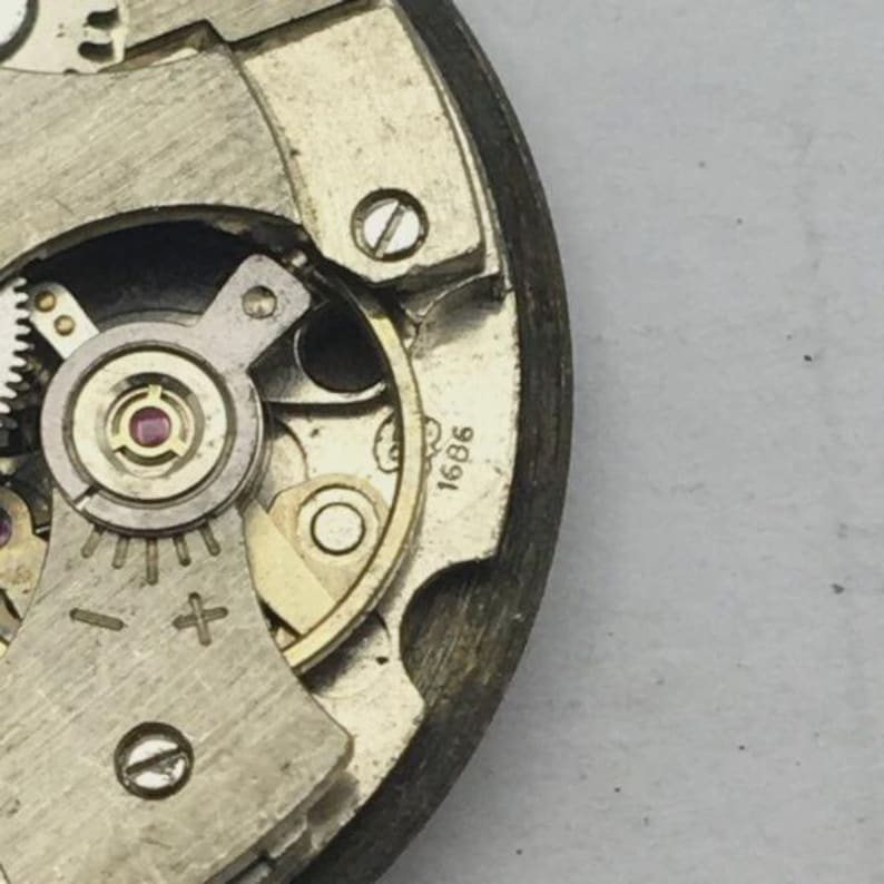 May include: Close-up of a vintage watch movement, showcasing intricate gears, screws, and a balance wheel. The metal components are in shades of silver and gold, with a small ruby jewel visible. The number "1686" is stamped on the metal.