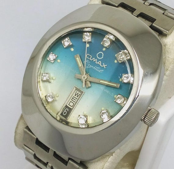 Omax Crystal Automatic Day/date Blue Dial Vintage Men display picture 2