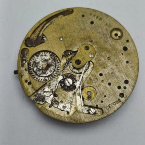 May include: Close-up of a vintage watch movement with intricate gears and components. The brass-colored plate features various mechanical parts, including a balance wheel and escapement. The word "DEPOSE" is stamped on the plate.