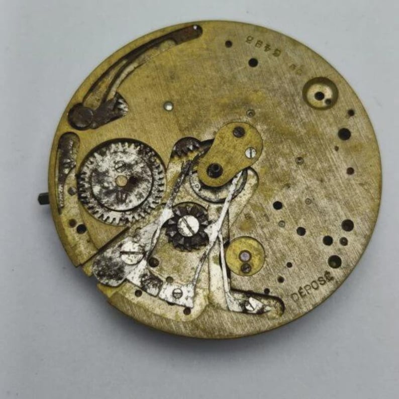 May include: Close-up of a vintage watch movement with intricate gears and components. The brass-colored plate features various mechanical parts, including a balance wheel and escapement. The word "DEPOSE" is stamped on the plate.