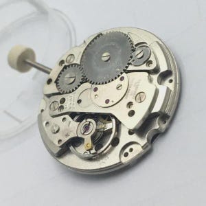 May include: Close-up of a watch movement with intricate gears, screws, and jewels. The silver-toned mechanism features a series of interlocking gears, a balance wheel, and a stem with a white crown. The watch movement is a complex mechanical device.