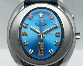 Relógio masculino vintage Ricoh automático com dia/data e mostrador azul