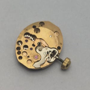 Pode incluir: Close-up de um movimento de rel&oacute;gio vintage. O mecanismo dourado apresenta engrenagens intrincadas, joias e um parafuso. A pe&ccedil;a do rel&oacute;gio tem formato oval com v&aacute;rios orif&iacute;cios e componentes.