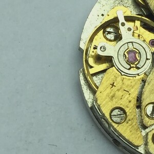 May include: Close-up of a watch movement, showcasing intricate gold-colored gears, screws, and a balance wheel with a ruby jewel. The mechanical components are set against a silver-colored frame, revealing the inner workings of a timepiece.
