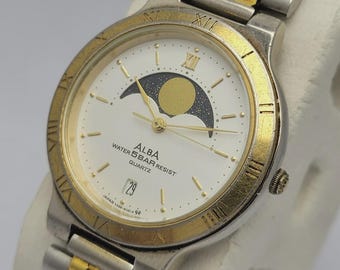 Relógio vintage bicolor Seiko Alba Moonphase V338-6080