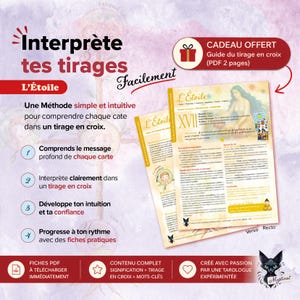 Puede incluir: Imagen promocional para una guía de tarot. La imagen presenta dos páginas abiertas con el título "L'Étoile" y una ilustración de una mujer. El texto incluye "Interpreta tus lecturas fácilmente" y "Regalo gratis: Guía de tirada en cruz (2 páginas PDF)."