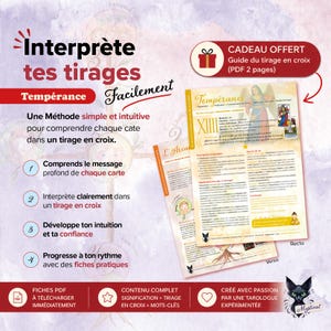 Puede incluir: Imagen promocional para una guía de tarot. La imagen presenta las palabras "Interprète tes tirages Facilement" y "Tempérance". Incluye un icono de regalo y una muestra de la guía, con el texto "Guide du tirage en croix (PDF 2 pages)".