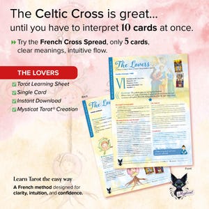 Peut inclure: Téléchargement numérique avec des fiches d'apprentissage du tarot. L'image affiche une bannière rouge avec le texte "THE LOVERS" et un graphique d'une carte de tarot. Le texte promeut une méthode française pour la clarté et l'intuition.