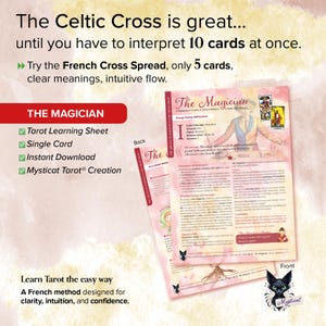Peut inclure: Une feuille d'apprentissage du tarot et une carte unique avec la carte "Le Magicien", avec du texte sur la Croix Celtique. L'image comprend le texte "Mysticat Tarot Creation" et "Apprendre le tarot facilement".
