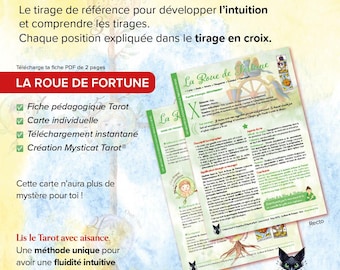 Könnte beinhalten: Werbebild für einen Tarotkarten-Leseguide. Das Bild zeigt zwei Seiten eines Leitfadens, eine mit der Aufschrift "La Roue de Fortune" und die andere mit detailliertem Text und Illustrationen. Der Text enthält "Le tirage en croix enfin simplifié!" und "Lis le Tarot avec aisance."