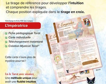Könnte beinhalten: Zwei Tarotkarten-Ratgeber auf Französisch, betitelt mit "L'Impératrice" und "L'Empereur". Die Ratgeber enthalten Texte über Tarot-Lesungen und ein schwarzes Katzenlogo. Sie sollen helfen, Intuition zu entwickeln und Tarot-Lesungen zu verstehen.