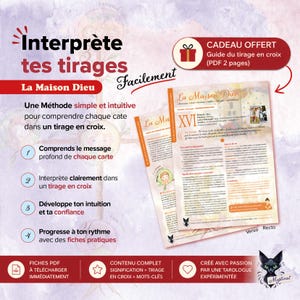 Puede incluir: Imagen promocional de una guía de tarot, con el texto "Interprète tes tirages" y "La Maison Dieu". El diseño incluye un icono de regalo, una ilustración de un gato negro e instrucciones detalladas sobre la comprensión de las lecturas de cartas del tarot. La guía está disponible en PDF.