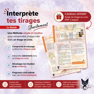 Puede incluir: Imagen promocional de una guía de tarot. Presenta un folleto titulado "Le Diable" con el texto "Interprète tes tirages facilement". También incluye el texto "Comprends le message profond de chaque carte" y "CADEAU OFFERT". También hay un icono de regalo.