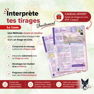 Puede incluir: Imagen promocional para una guía de lectura de tarot. La imagen presenta dos hojas de papel con el título "La Lune" y el número romano "XVIII". El texto incluye frases como "Interpreta tus lecturas fácilmente" y "Regalo gratis". Una ilustración de gato negro está en la esquina inferior derecha.