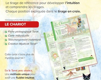 Könnte beinhalten: Werbebild für einen Tarotkarten-Leseguide. Das Bild zeigt zwei Seiten eines Tarotkarten-Leitfadens mit dem Titel "Le Chariot" auf Französisch. Der Leitfaden enthält Text und Illustrationen, mit einem schwarzen Katzenlogo.