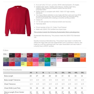 May include: A red Gildan Heavy Blend crewneck sweatshirt. The image shows the front of the sweatshirt, with a classic fit and a tear-away label. The sweatshirt is available in sizes XS to 5XL, with a body length of 66 to 86 cm.