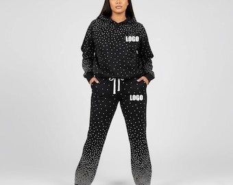 Unisex Schwarz Strass Trainingsanzug – Luxus Hoodie & Jogger mit weitem Bein von ZaidAura.