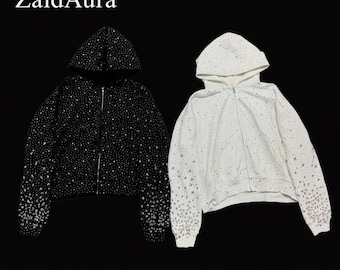 Sudadera con cremallera y cristales tachonados en blanco y negro, ropa de calle hecha a mano.