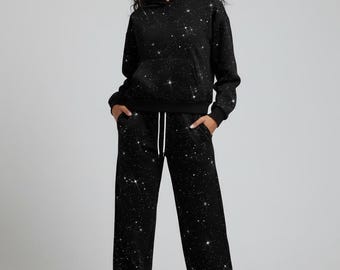 Luxus Schwarzer Strass Trainingsanzug - Glitzernder Y2K Kapuzen-Sweatsuit für Frauen.