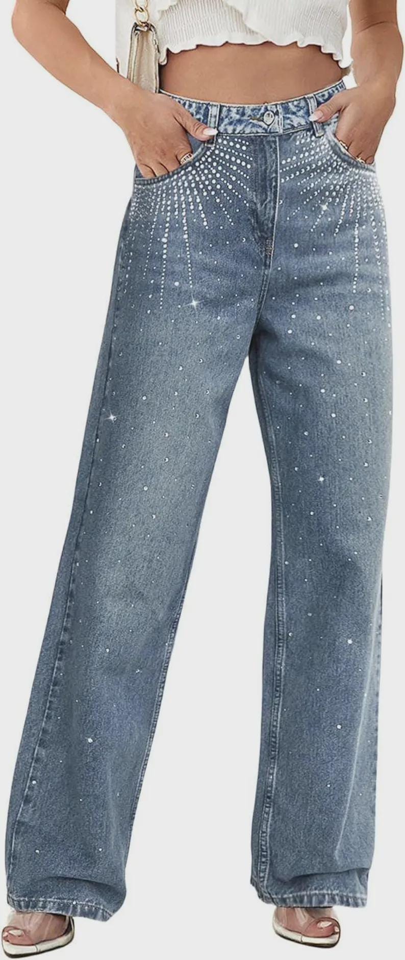 Light Blue Rhinestone Jeans High Waist Wide Leg Denim Pants Etsy