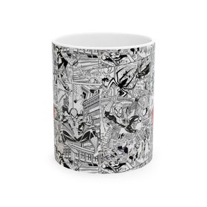 May include: A white ceramic mug featuring a black and white comic book print covering the entire exterior surface. The graphic design displays multiple panels of Spider-Man in various action poses, city buildings, and spider web illustrations.