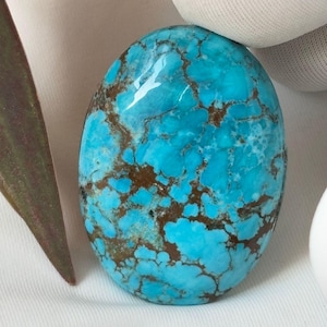 May include: Oval-shaped turquoise gemstone with a polished surface. The stone features a vibrant blue color with intricate brown veining patterns. The gemstone is set against a white background, highlighting its natural beauty.