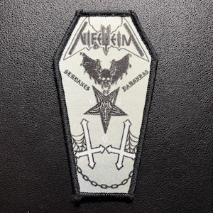 May include: A coffin-shaped embroidered patch with a white background and black border. It features the text NIFELHEIM, a winged skull, a pentagram, two inverted crosses with spiderwebs, a chain graphic, and the text SERVANTS OF DARKNESS.