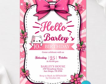 Kitten Birthday Invitation, Pink Girl Cat Theme, Cute Kitty Digital Invite, Editable Canva Template