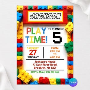 Building Blocks Birthday Invitation, Bricks Invite, Kids Birthday Party Invitation, Construction Party Theme, Editable Canva Template