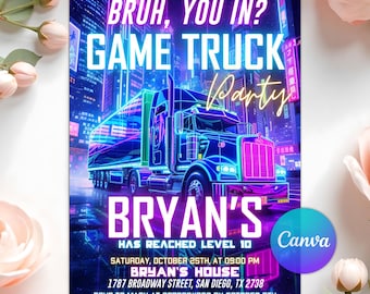 Video Game Truck Birthday Invitation, Neon Gamer Truck Party Invite, Gaming Bus Birthday Invitation, Gaming Truck Invite, Editable Canva