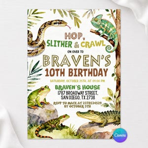 Reptile Birthday Invitation, Hop Slither and Crawl Party, Watercolor Snake Lizard Alligator Frog, Any Age Birthday, Editable Canva Template