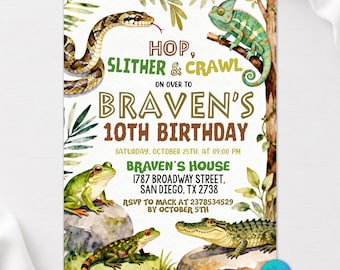 Reptile Birthday Invitation, Hop Slither and Crawl Party, Watercolor Snake Lizard Alligator Frog, Any Age Birthday, Editable Canva Template