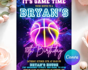Neon Basketball Birthday Invitation, Glow Sports Party  Invite, Game Time Black Light Birthday, Editable Canva Template