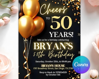 Convite de 50º aniversário, convite de 50º aniversário, convite de aniversário dourado e preto, convite de aniversário para adultos de qualquer idade, modelo digital editável para impressão no Canva