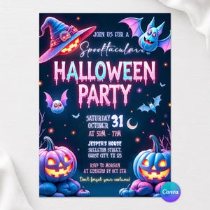 Neon Halloween Party Invitation, Spooktacular Costume Party, Neon Halloween DIY Kids Cute Invite, Halloween Party Invitation, Editable Canva