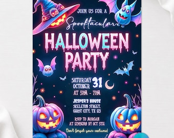 Neon Halloween Party Invitation, Spooktacular Costume Party, Neon Halloween DIY Kids Cute Invite, Halloween Party Invitation, Editable Canva