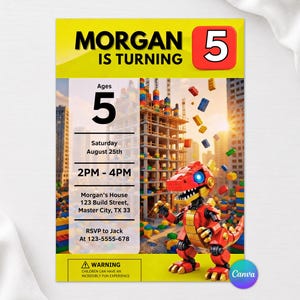 Building Blocks Dinosaur Birthday Invitation, Red Robot Bricks Party, Construction Theme Birthday, Editable Canva Template
