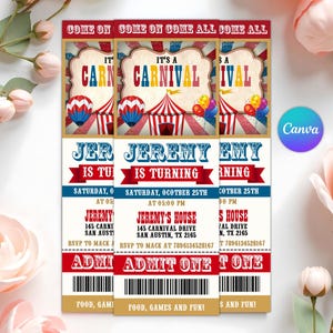 May include: Three carnival-themed invitation tickets with red, blue, and yellow accents. Each ticket features the text "It's a Carnival" and "Jeremy is Turning". Includes event details and a barcode.