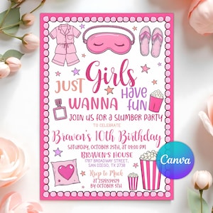 Könnte beinhalten: Rosa Einladung für eine Pyjamaparty mit Illustrationen von Schlafanzug, Schlafmaske und Flip-Flops. Der Text lautet "Girls Just Wanna Have Fun" und kündigt Bravens 10. Geburtstagsparty an, einschließlich Datum, Uhrzeit und Ort.